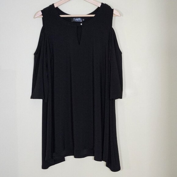 Sympli Top Womens 12 Black Front Keyhole Button Cold Shoulder SS Lagenlook Goth - Picture 1 of 14